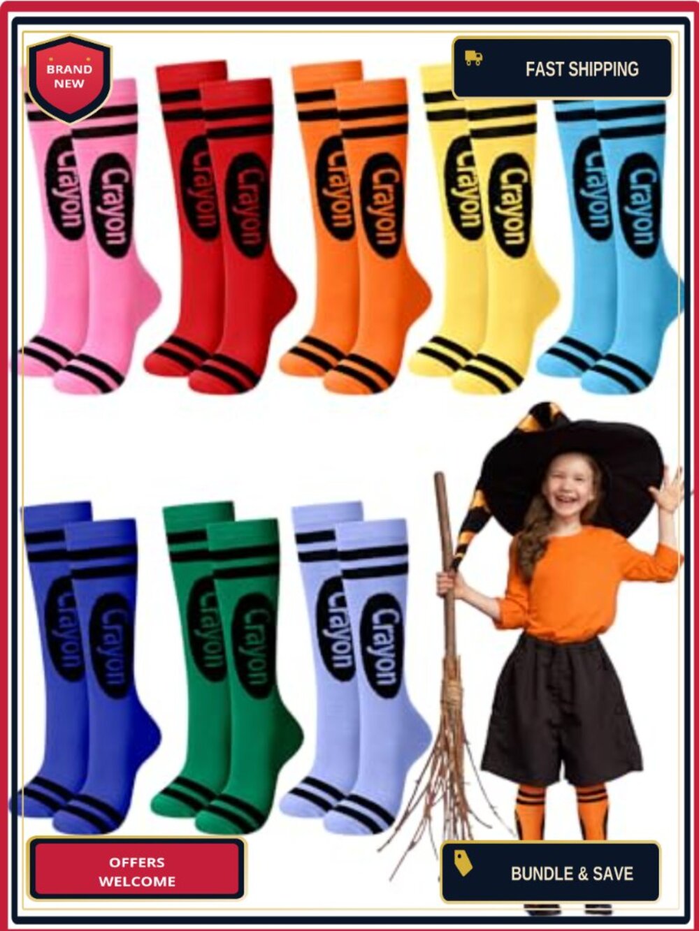 8 Pairs Crayon Knee High Cotton Socks Girls Novelty Halloween Costume